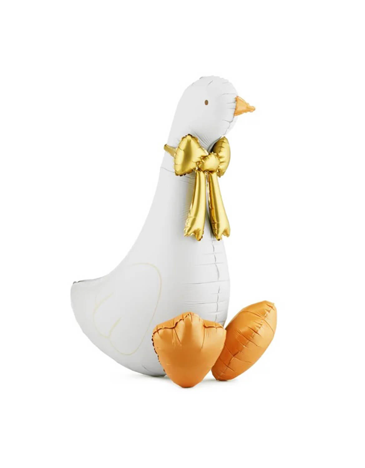Momo Party's 41" white goose shaped foil balloon with a gold bow by Party Deco sitting on a white background, this adorable balloon is perfect for kid's "One Silly Goose" first birthday party.