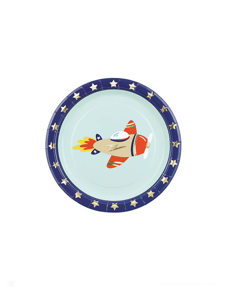 Momo Party's 7" Airplane Round Paper Plates by Party Deco. Featuring gold foil stars around the edge and a vintage cream and red colored airplane design on a blue sky light blue background, this set of 6 round plates are perfect for your kid's plane or aviation themed celebration.