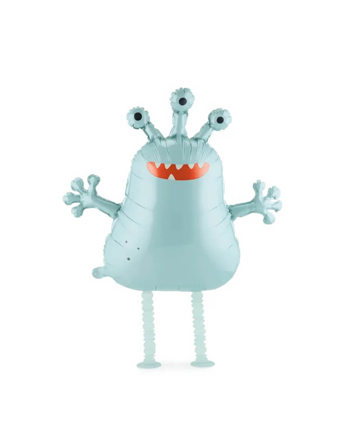 Momo Party's 23" light blue standing alien little monster shaped foil balloon with three goggly eyes by Party Deco on a white background.