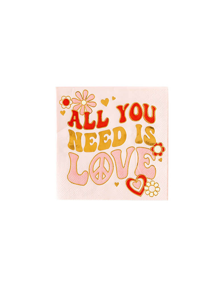Momo Party's 5" x 5" all you need is love pink small napkins by My Mind's Eye. With its retro pink and gold design with daisy flowers love and peace sign design, this napkin will always remind you that all you need is love. Celebrate every occasion with a little extra love!