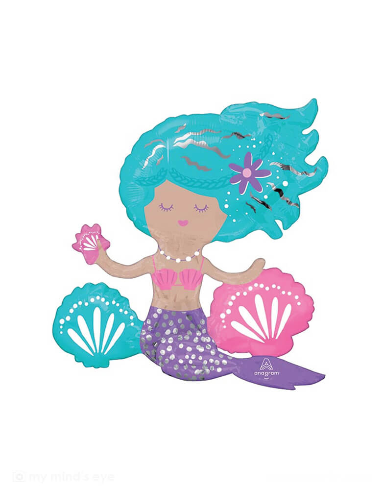 Momo Party's 18 inches Air Filled Sitting Mermaid Foil Balloon by Anagram Balloons. Add a whimsical touch to your mermaid party with this beautiful air-filled sitting mermaid foil balloon. This free-standing mermaid shaped foil balloon doesn't require helium and makes a perfect centerpiece for your kid's mermaid birthday party. This balloon includes a self-sealing valve, preventing the gas from escaping after it's inflated.  