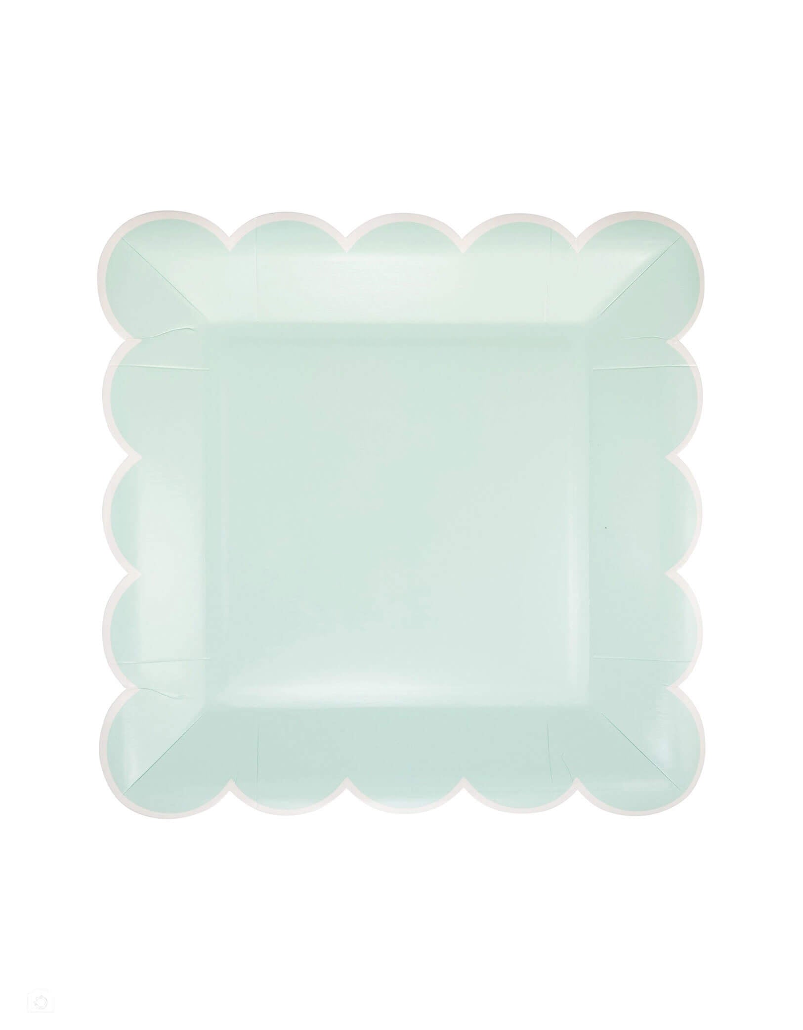 Momo Party's 9" Light aqua square scalloped border plate by My Mind's Eye on a white background.