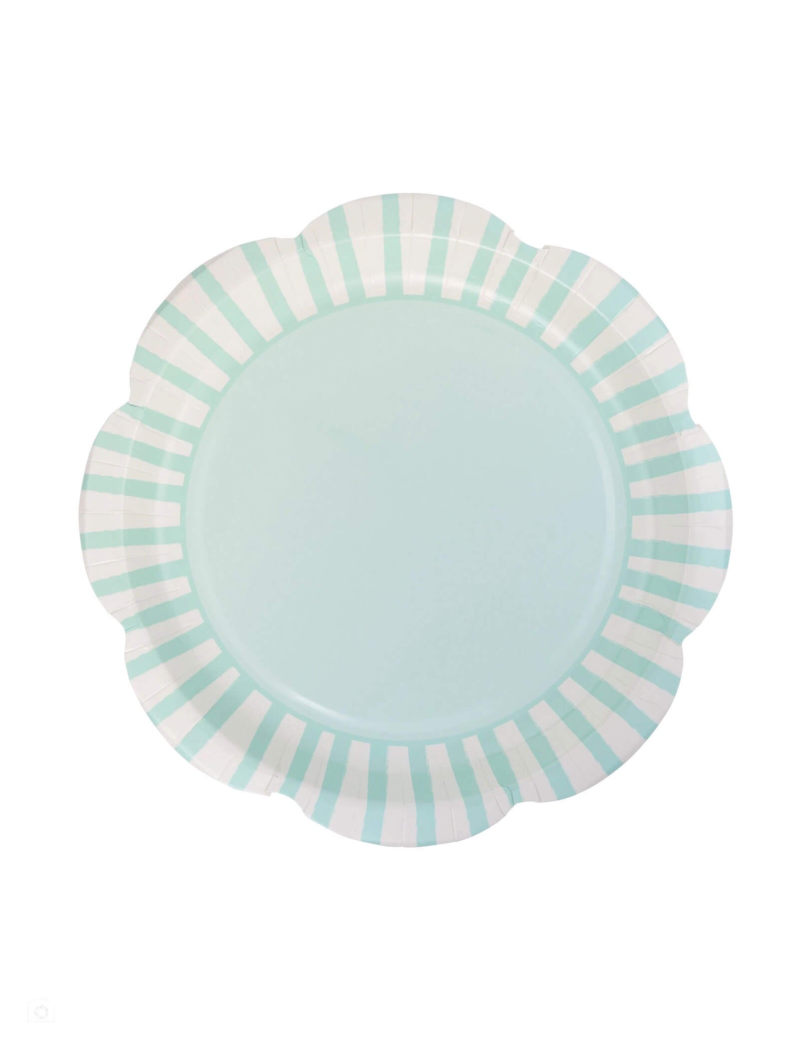 Momo Party's 9" light Aqua Striped Scallop Plate with white and light blue striped rim by My Mind's Eye on a white background.