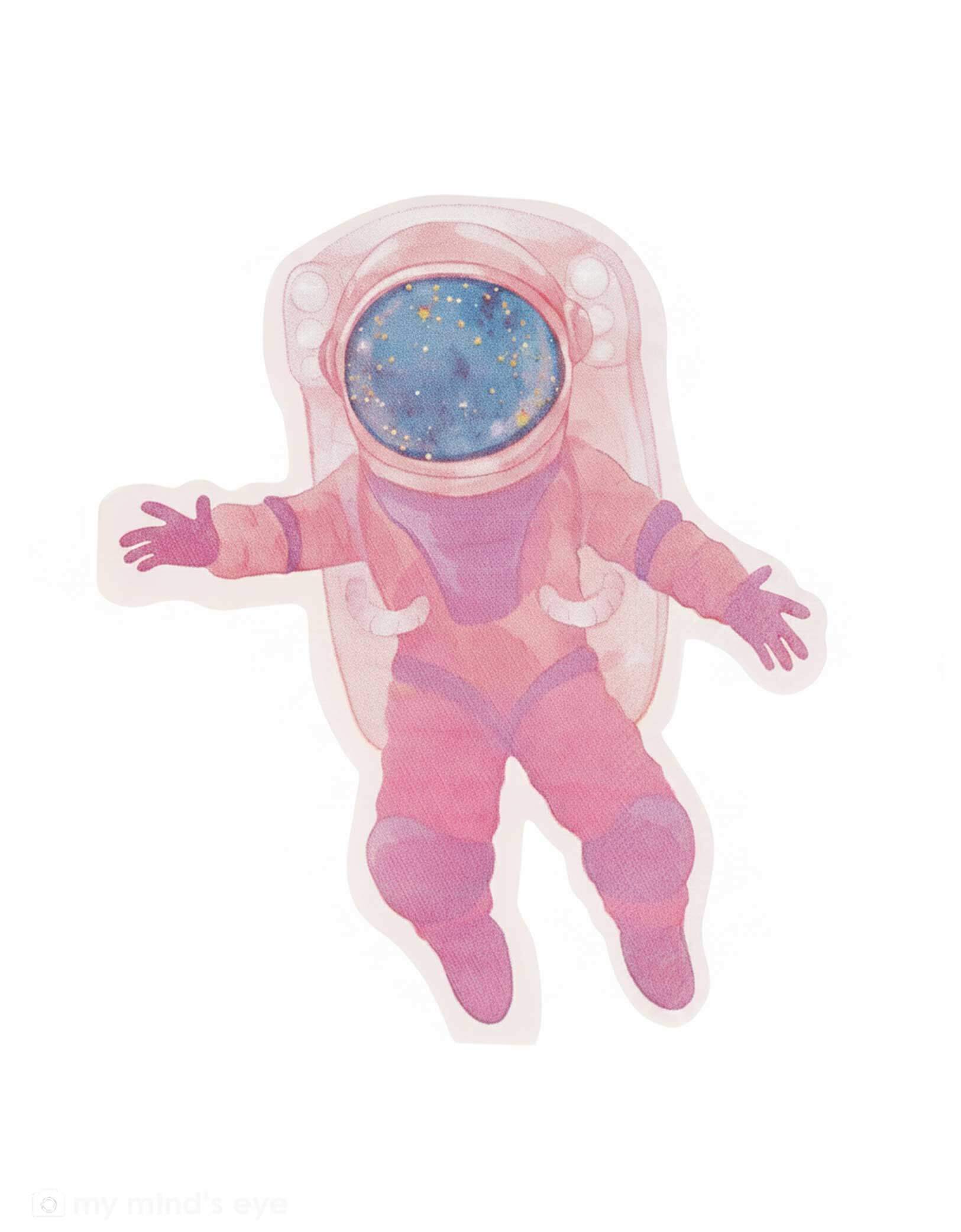 Momo Party's  7.25″ x 6.5″ pink astronaut shaped napkin with a helmet on a white background.