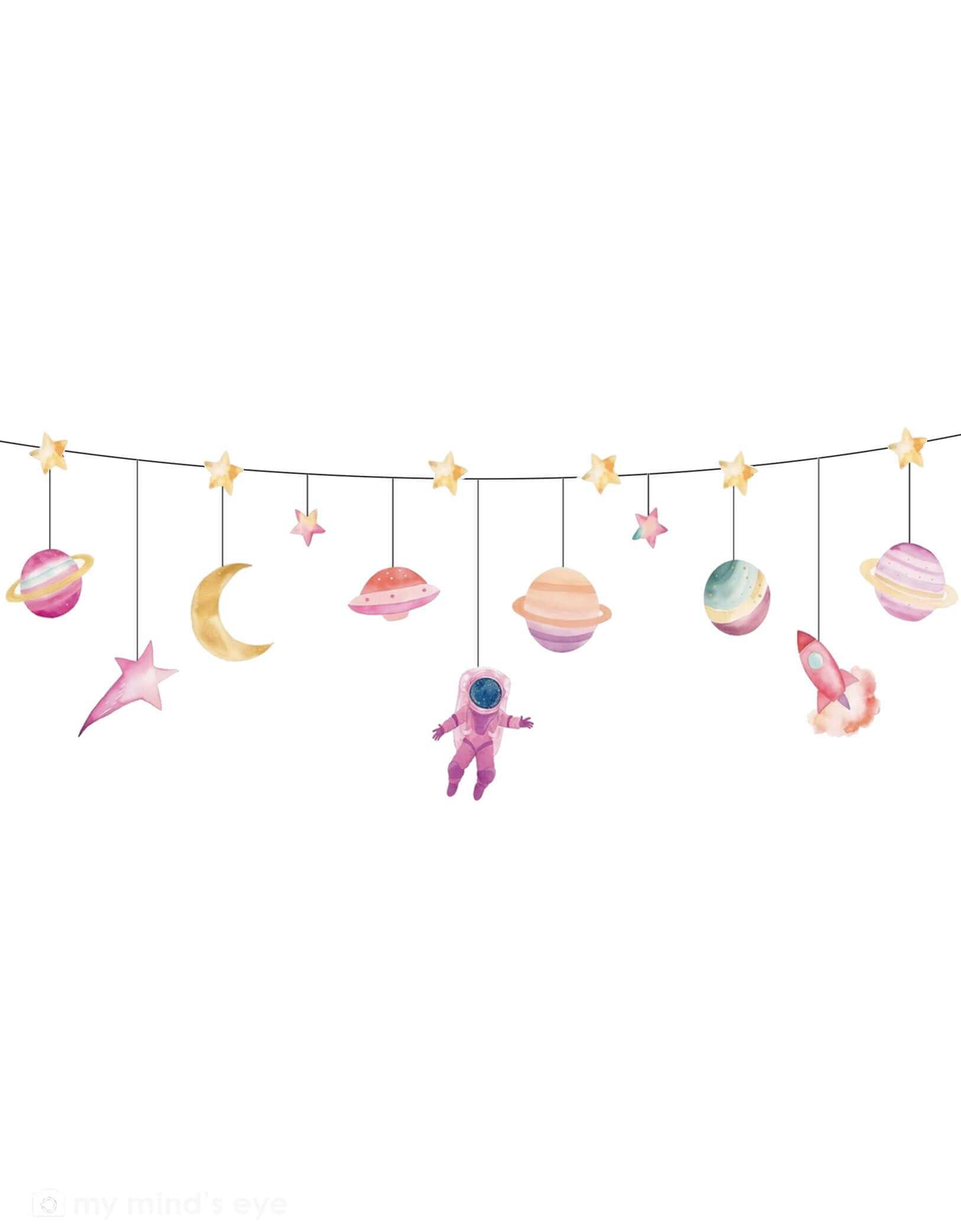 Momo Party's astronaut girl space garland set strung with space-themed paper pennants including planets, stars, a rocket ship and an astronaut on a white background.