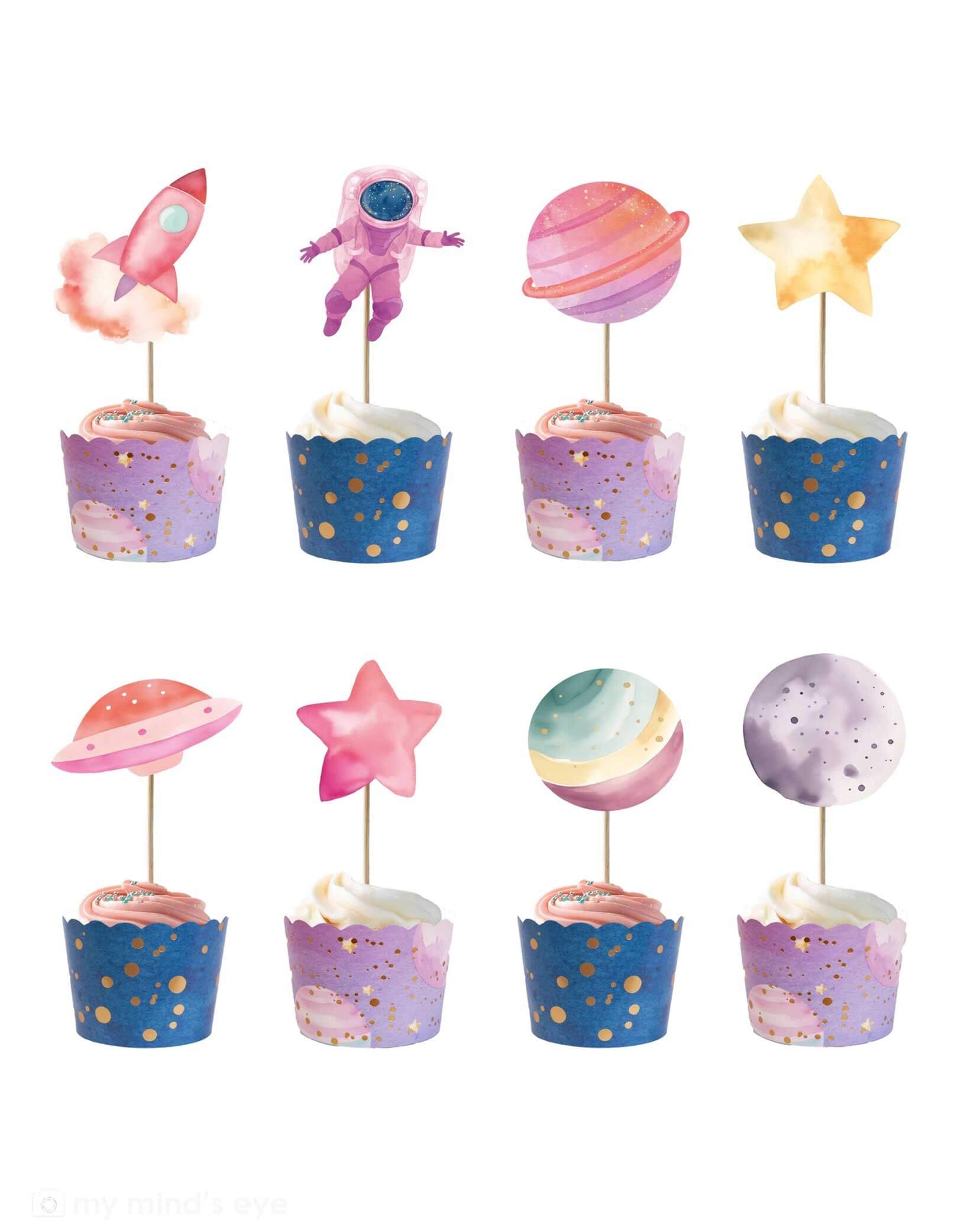 A set of 8 Momo Party's Astronaut Girl Space Cupcake wrappers and toppers in pastel pink and purple colors. The toppers have paper pennants of space themed elements including a rocket ship, an astronaut, a moon, planets and stars. There are two colors/designs of the wrappers. A kit that's perfect for girl's  space birthday party. 