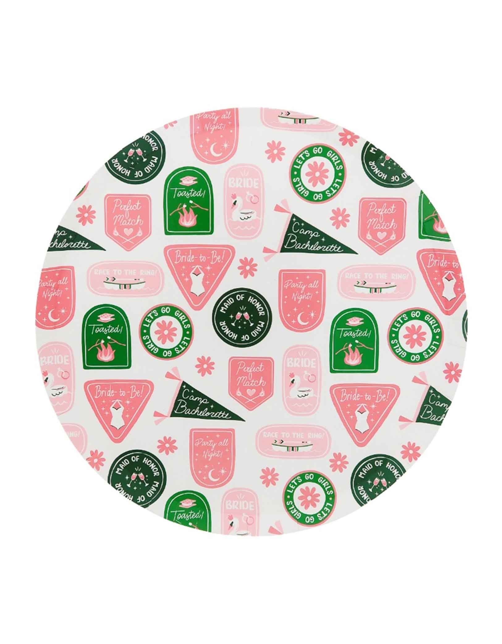 Momo Party's 10.5" Camp Bachelorette Badge Dinner Plate with festive camp badge design featuring green and pink elements on a white background.