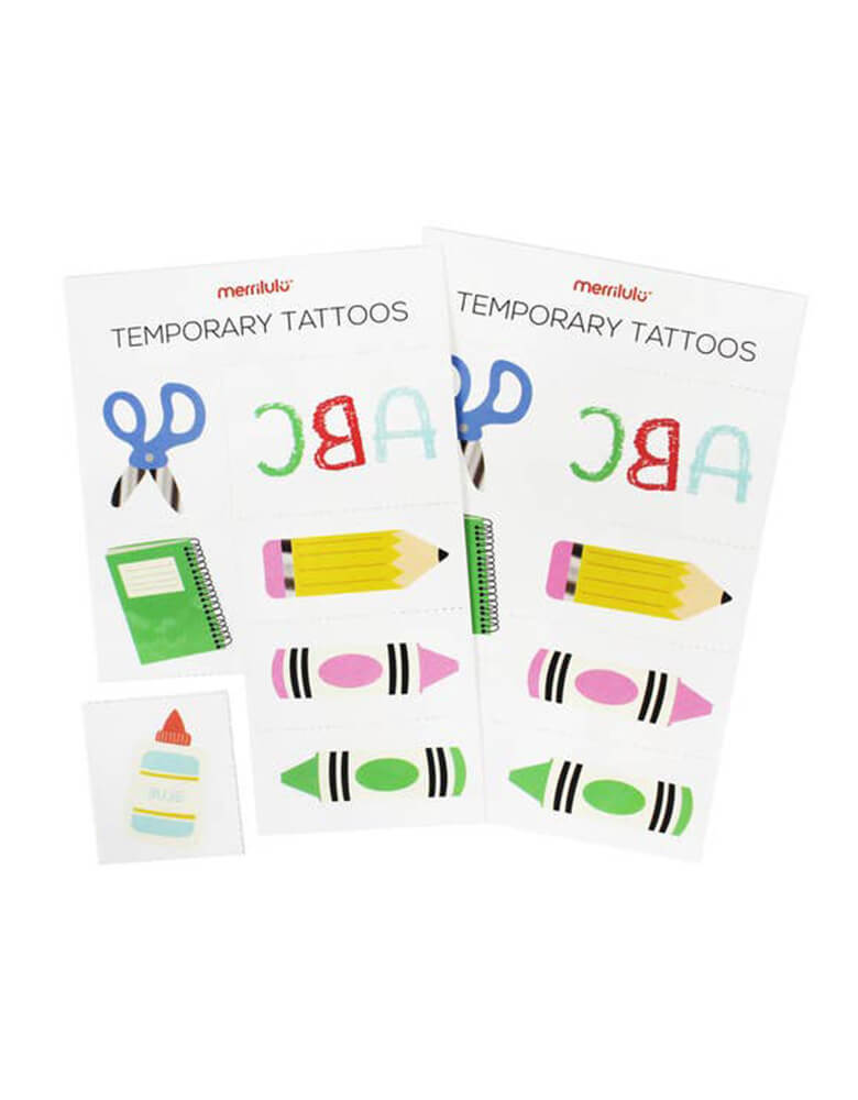 Momo Party's Back To School Temporary Tattoos by Merilulu. Featuring colorful school themed illustrations of scissors, pencils, crayon, notebook and ABC letters.  Each set includes 2 sheets: 14 temporary tattoos in 7 designs. Perfect gift and fun activities for back to school party, classroom activities 