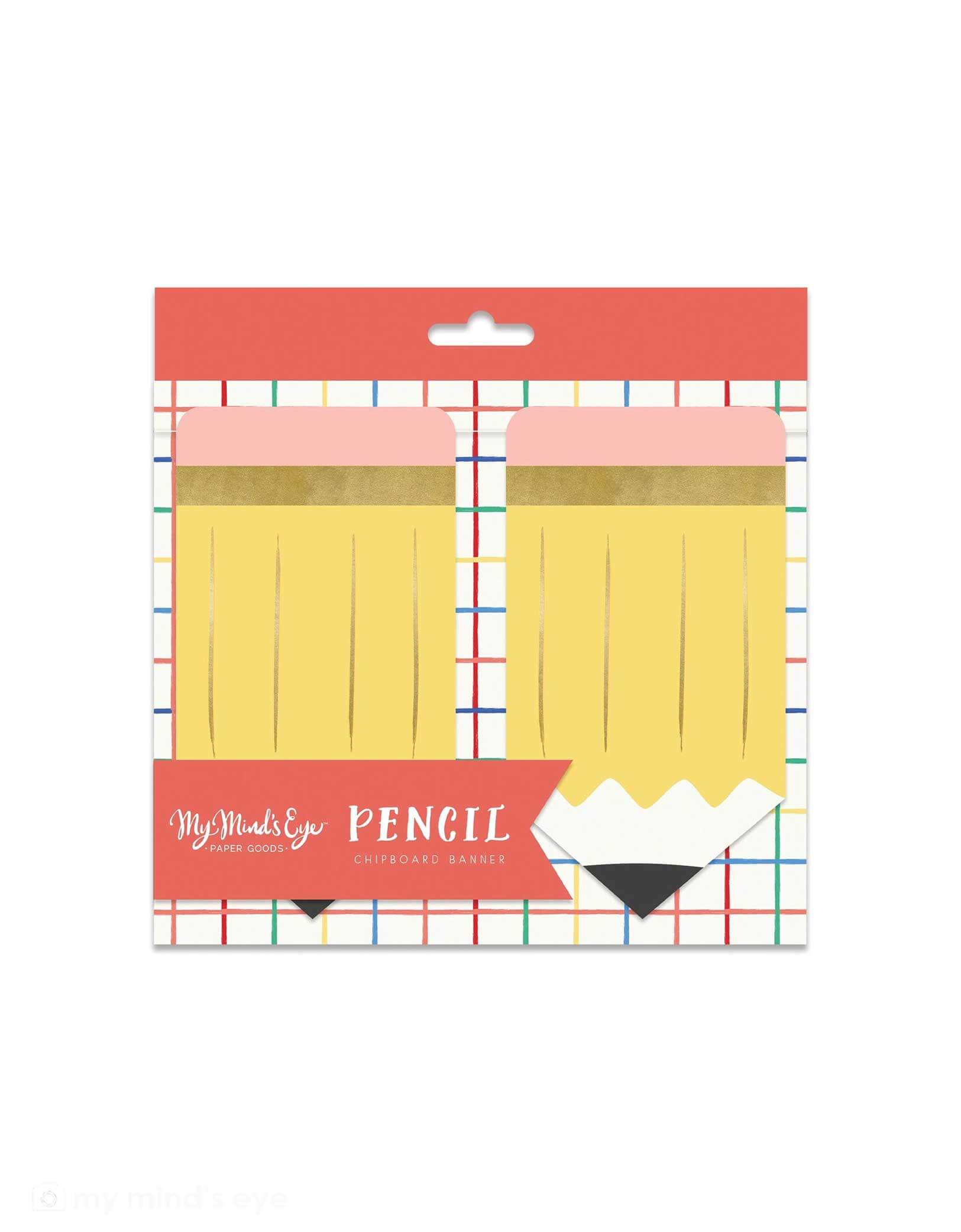 Packaged Chipboard Pencils Banner from Momo Party featuring yellow pencil-shaped erasers with a colorful grid pattern on a white background. This vibrant banner features pencil-shaped chipboard pieces, perfect for adding a fun and festive touch to any back-to-school party or classroom event. Easy to hang and reusable, it brings a playful vibe that kids and teachers will love. Make your celebration bright and memorable with this charming decoration!