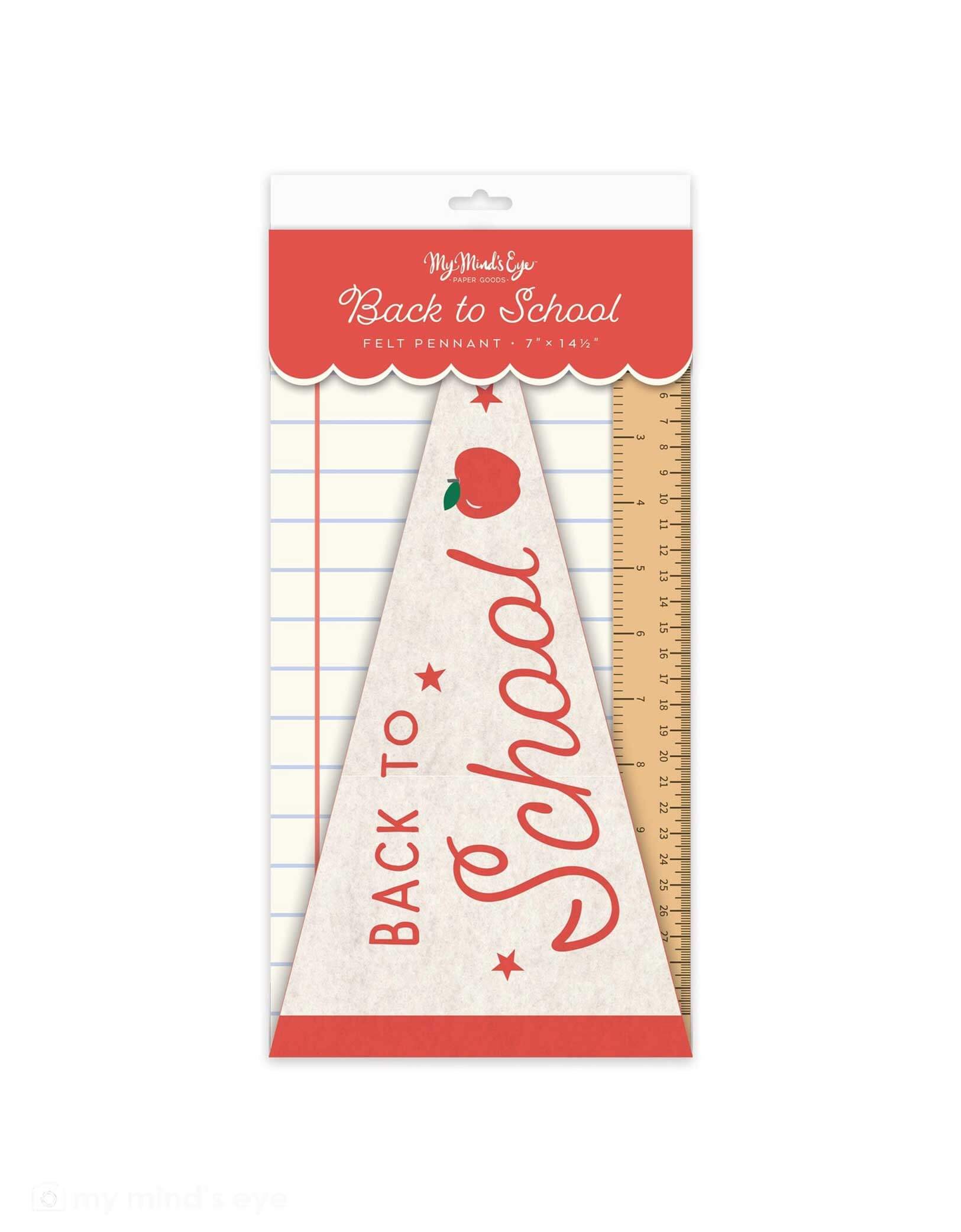 Packaged Momo Party's Ruler 'Back to School' and apple design felt party pennant from My Mind's Eye on a white background. This vibrant banner features ruler-themed felt pennants that add a fun, educational touch to any party or classroom. Perfect for welcoming students, decorating study spaces, or brightening up back-to-school events with a playful and festive vibe.