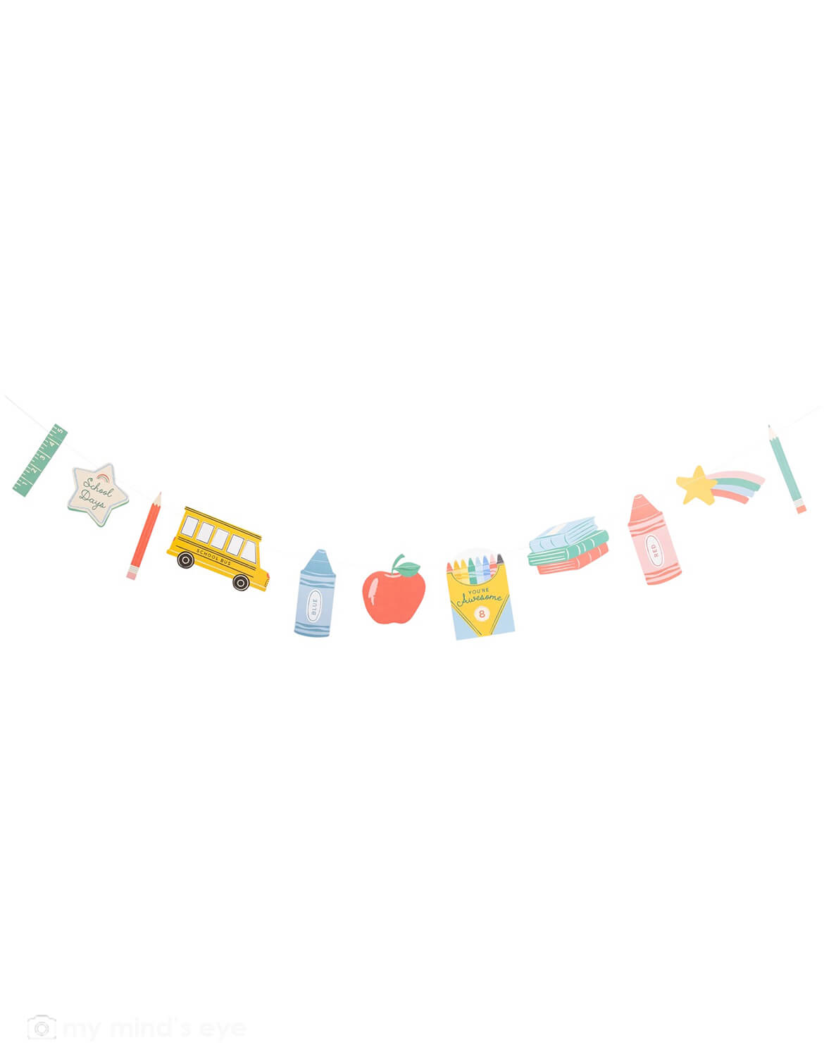 Momo Party's back to school icons party banner featuring school-themed icons including a school bus, an apple, crayons, books, pencils, and a ruler by My Mind's Eye on a white background.