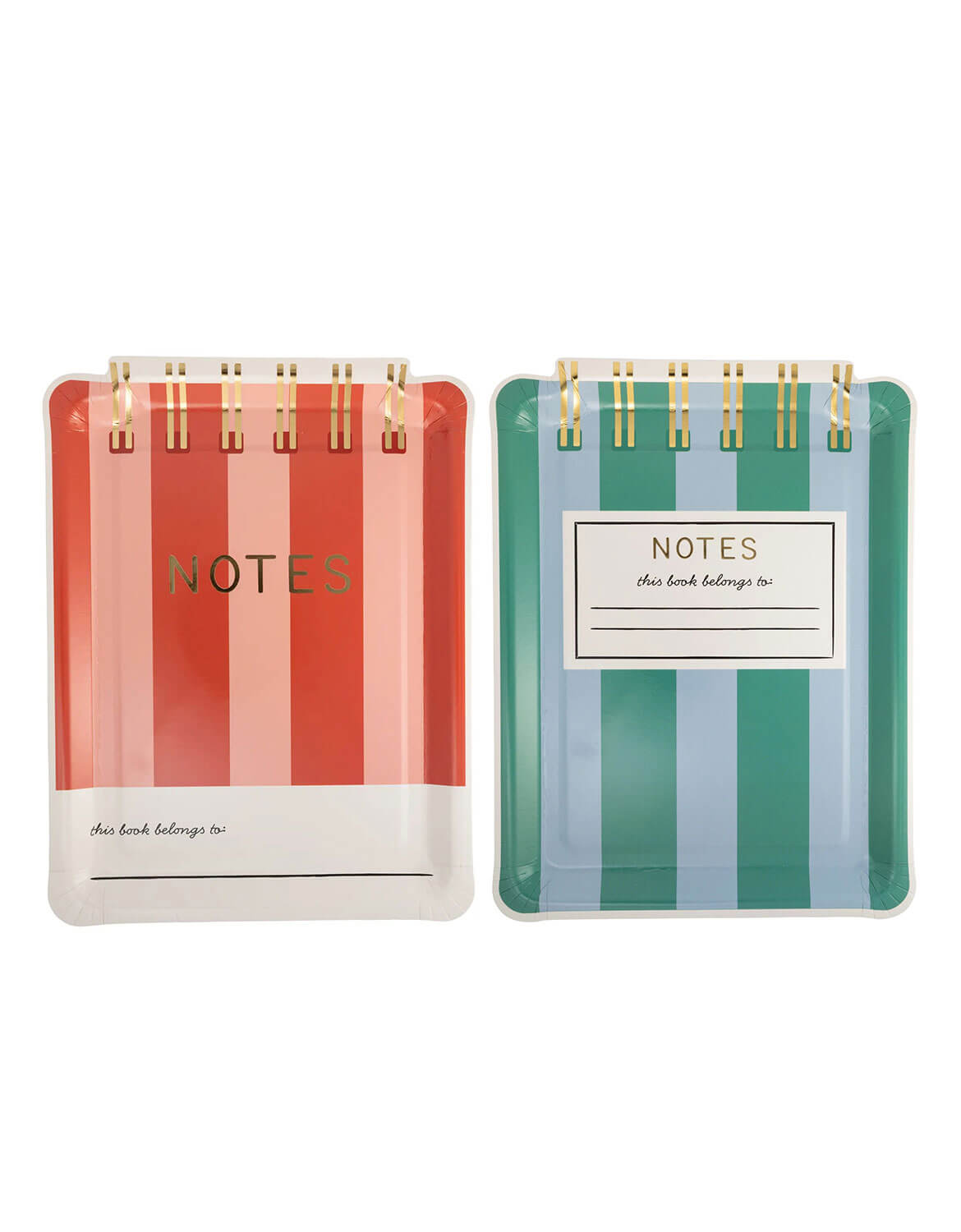 Momo Party's Notebook Shaped Plate Set in red stripes and green stripes design by My Mind's Eye on a white background.