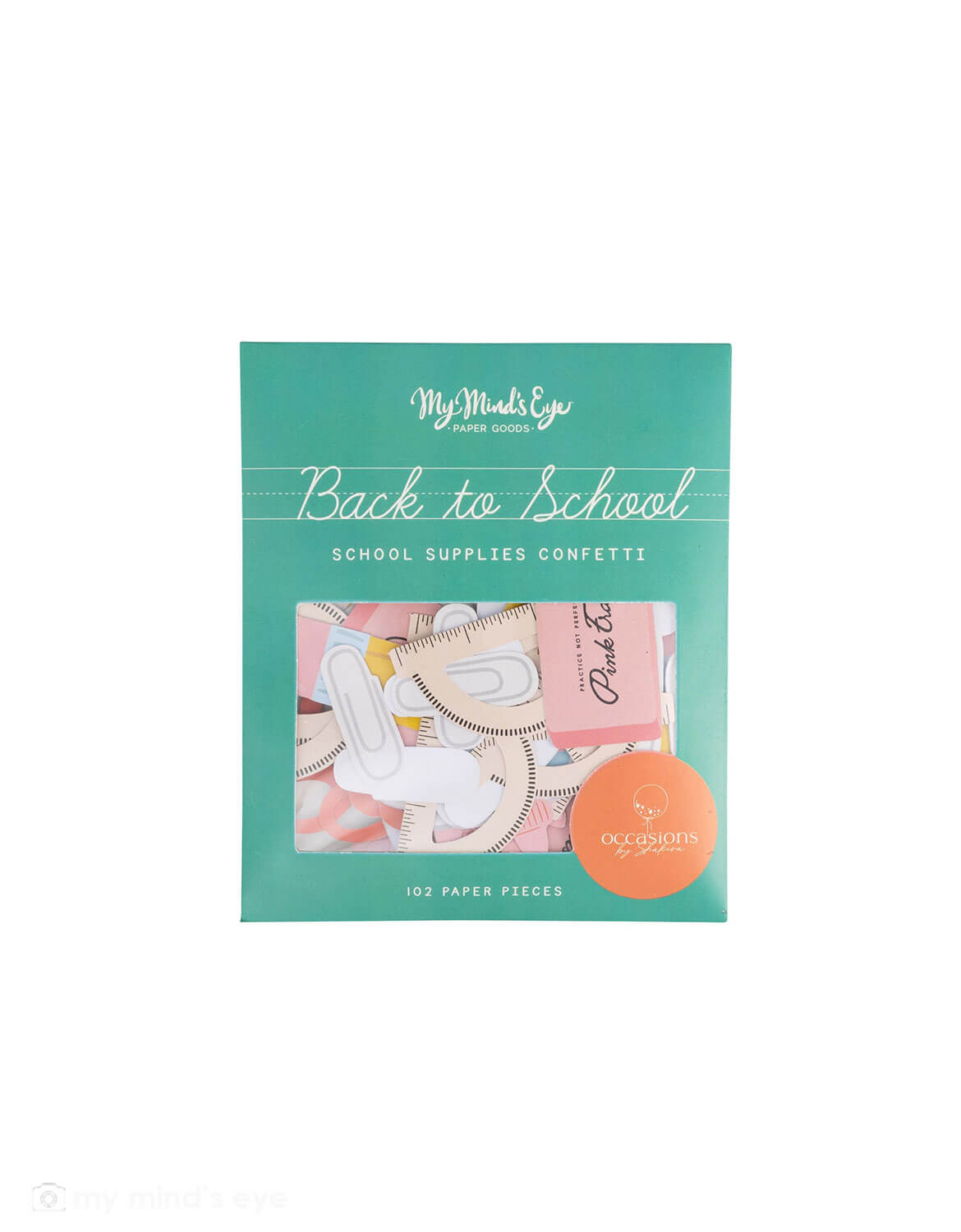Packaging of Momo Party's back-to-school school supplies confetti set by My Mind's Eye on a white background.
