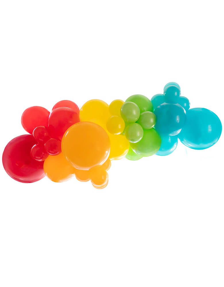First Day of School Balloon Cloud Kit By Momo Party. Assorted 16", 11” & 5” rainbow colored latex balloons in red, goldenrod, yellow, lime green, and Caribbean blue. Made in the USA
