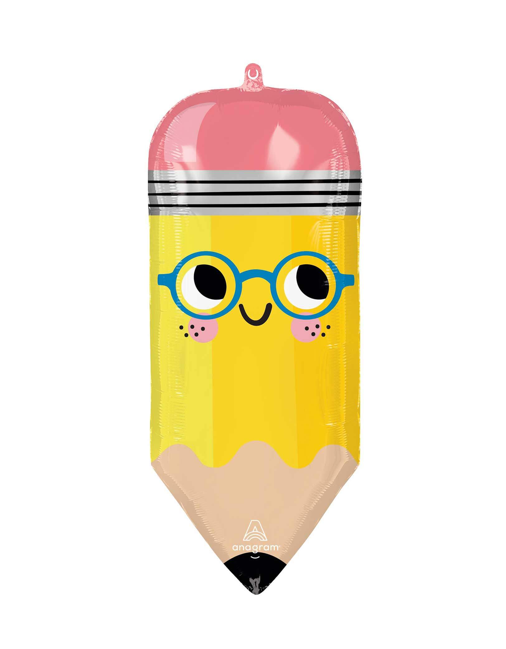 Momo Party's 31" Write On Pencil Shaped Foil Mylar Balloon by Anagram Balloons. This adorable pencil shaped balloon with a smiley face and glasses is a perfect addition to your kid's school or learning themed events, be it a back to school party or a first day of school celebration.