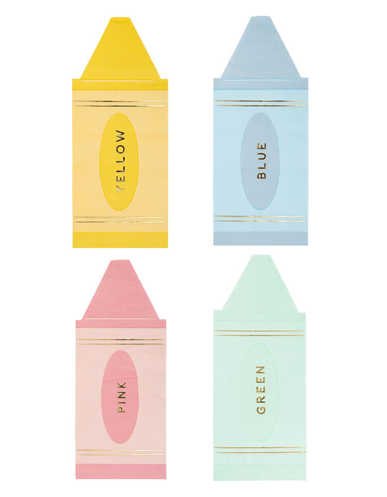 Momo Party's 3.25" x 7.75" pastel crayon shaped napkin set by My Mind's Eye. Comes in a set of 18 napkins in 4 colors of pastel yellow, blue, pink and green, these unique napkins are designed to look like crayons, adding a playful touch to your school event, be it the first day of school, teach appreciation day or last day of school celebration!