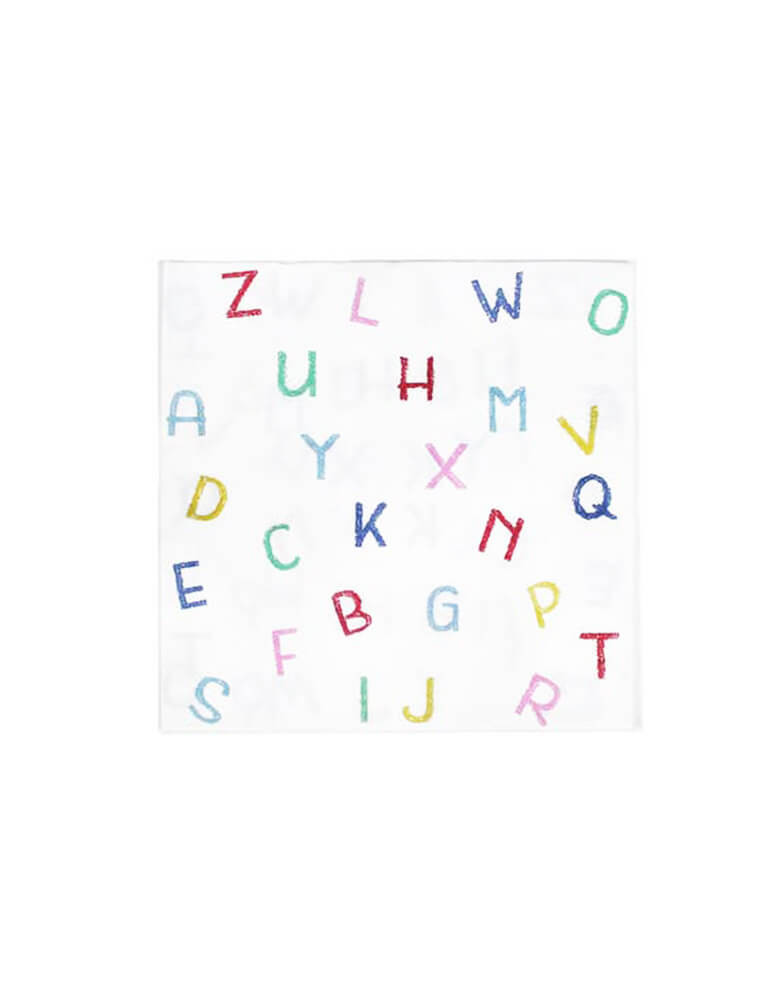 Momo Party's 6.5" x 6.5" alphabet patterned napkins featuring colorful letter patterns in crayon written style by Merrilulu. Comes in a set of 24 napkins, these colorful alphabet paper napkins are perfect for your child's back to school party or first day of school celebration. Or whenever you feel studious!