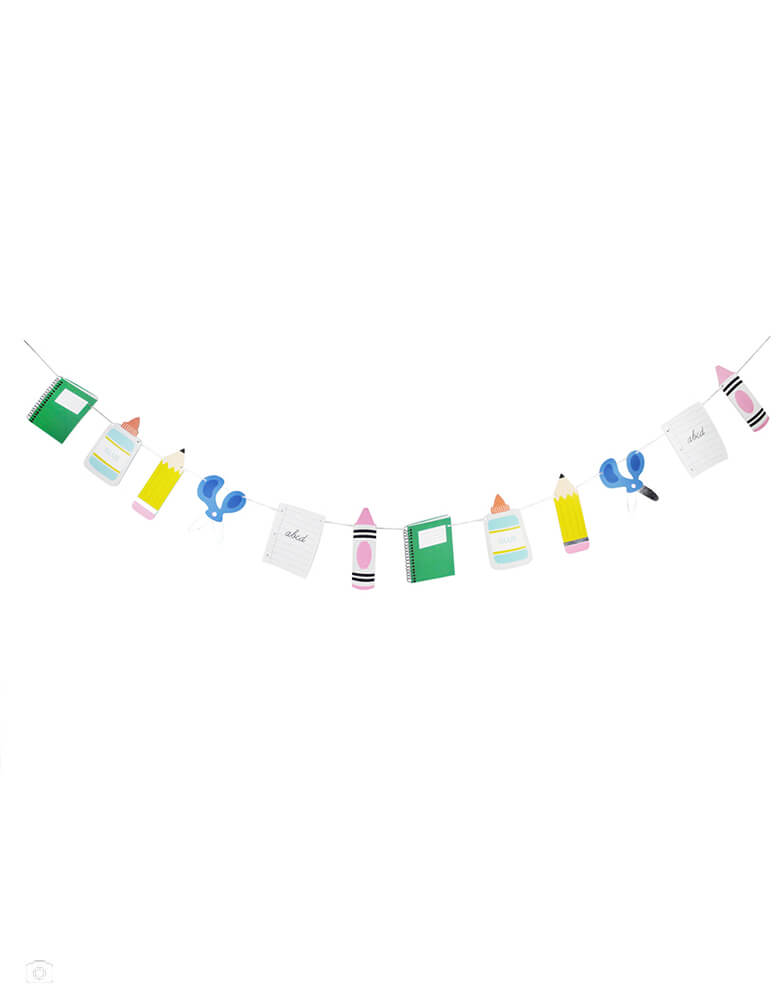 Momo Party's back to school party garland featuring colorful school themed pennants including scissors, notebooks, pencils, crayons, and more by Merrilulu. This set of colorful garland is perfect for your child's back to school party or first day of school celebration. Or whenever you feel studious!