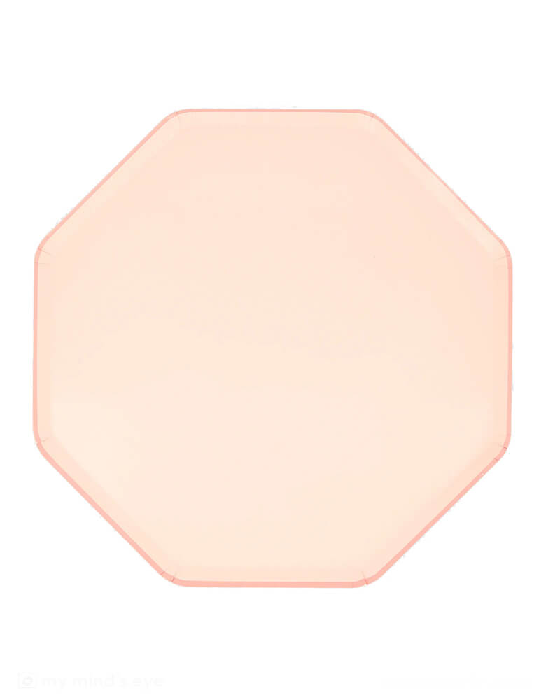 Momo Party's 10.25" x 10.25" Ballet Slipper Pink Dinner Plates by Meri Meri. These pink plates, cleverly designed with a stylish octagonal shape, will instantly add beauty to your party table. They're perfect for a fairy party, ballet party or princess party. Pink is the color associated with friendship, love and nurturing, so they're also ideal for a special dinner with family and friends.