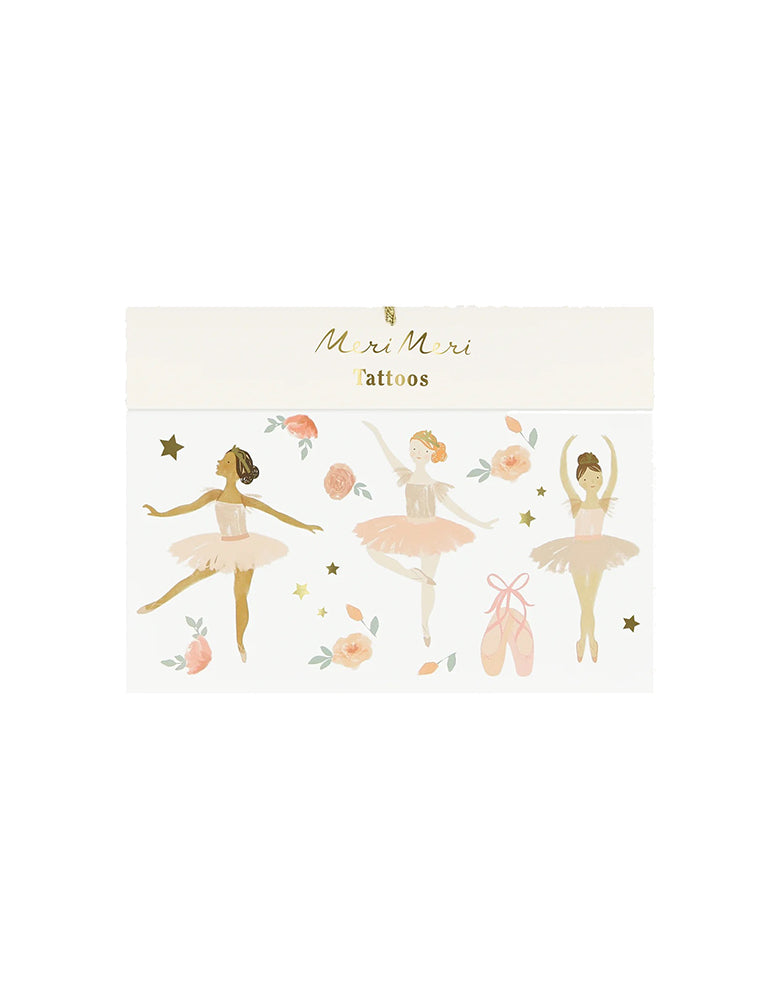 Momo Party's ballet temporary tattoos by Meri Meri. Comes a set of 2 sheets, these tattoo sheets feature beautiful ballerinas, flowers, ballet slippers, perfect for girl's tutu cute ballerina themed birthday party.