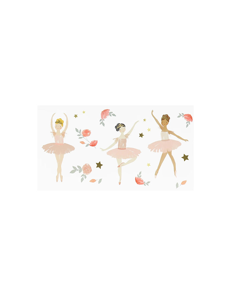 Momo Party's ballet temporary tattoos by Meri Meri. Comes a set of 2 sheets, these tattoo sheets feature beautiful ballerinas, flowers, ballet slippers, perfect for girl's tutu cute ballerina themed birthday party.