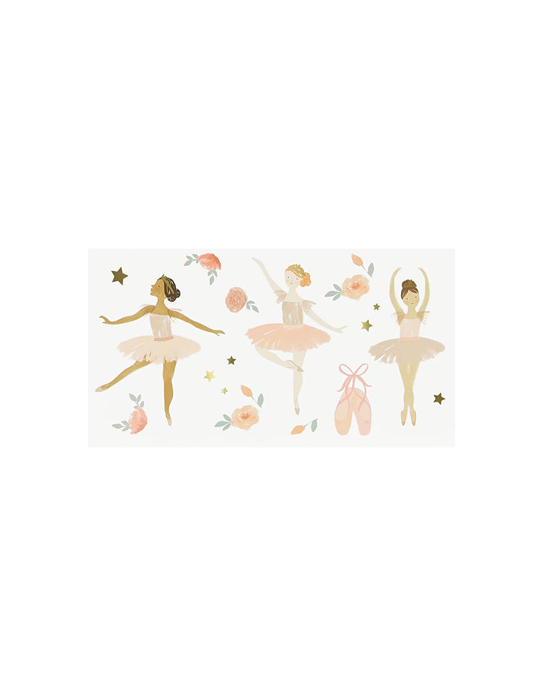 Momo Party's ballet temporary tattoos by Meri Meri. Comes a set of 2 sheets, these tattoo sheets feature beautiful ballerinas, flowers, ballet slippers, perfect for girl's tutu cute ballerina themed birthday party.