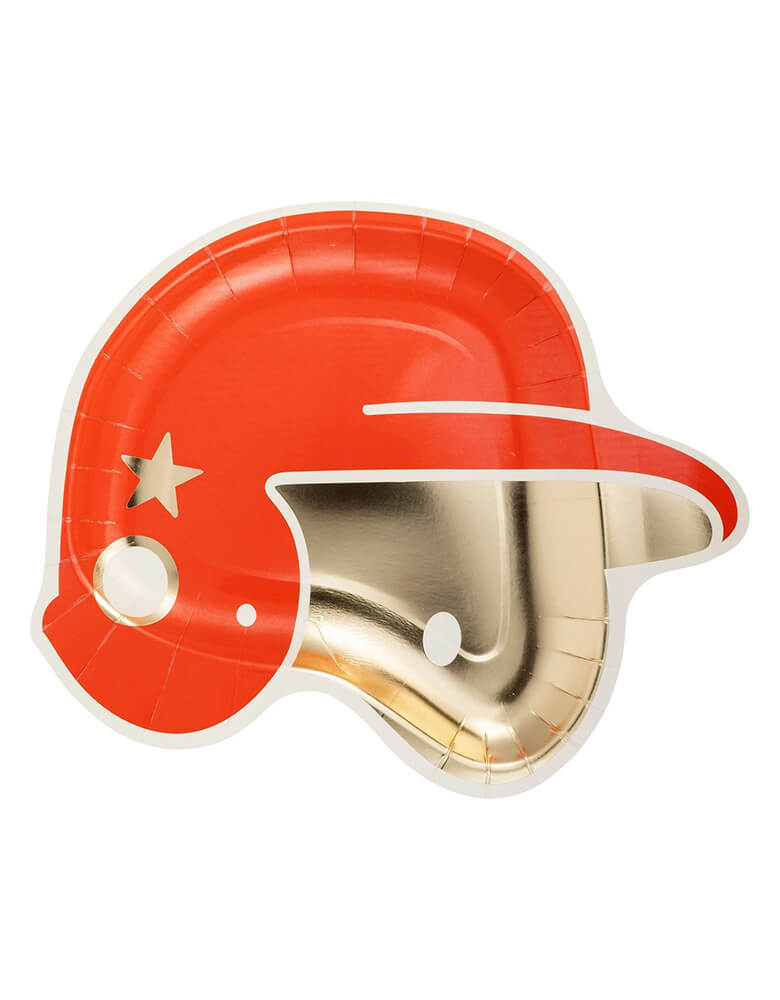 Momo Party's 10" x 8.5" red Baseball Helmet Paper Plates by My Mind's Eye. This baseball helmet shaped plate in the classic red with gold foil details will add a playful touch to your food presentation. Perfect for holding snacks, burgers, and more, it's sure to be a hit with your guests. Batter up!