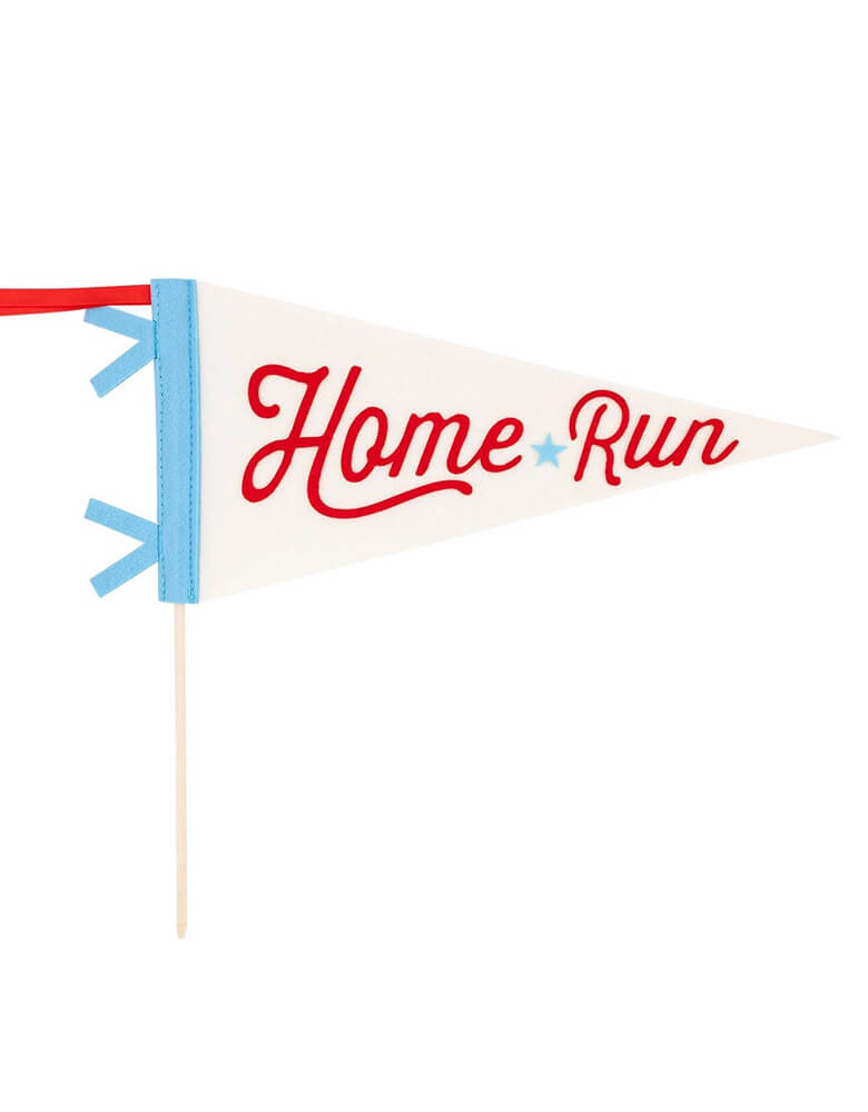 Momo Party's Baseball Home Run Felt Pennant by My Mind's Eye. Made of high-quality felt in the classic baseball colors of red, white and blue, this pennant is perfect for any baseball fan's party decor. It's the ultimate addition to your collection!
