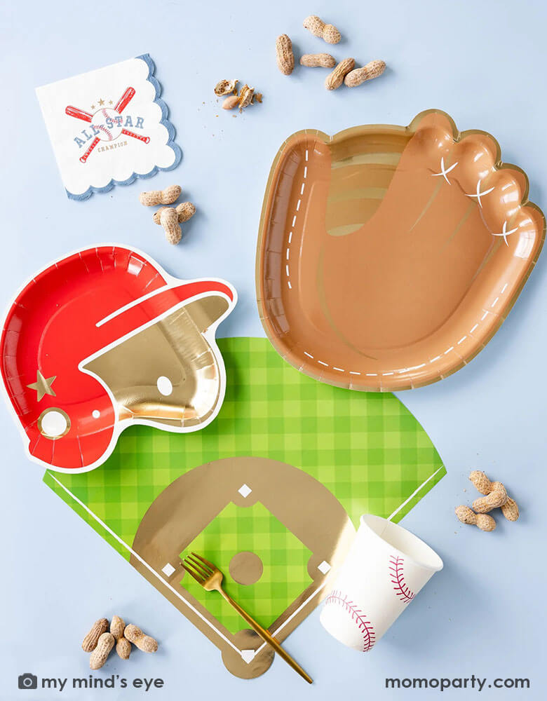 A baseball themed party collection by Momo Party featuring baseball paper tableware by My Mind's Eye, including baseball mitt shaped paper plates, baseball red helmet shaped plates, baseball field shaped placemats, baseball all star small napkins and baseball party cups, along with some peanuts as party snacks, this makes a great inspiration for kid's baseball themed birthday party decoration ideas.