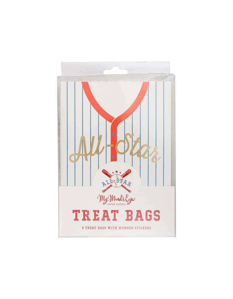 Momo Party's All Star Baseball Treat Bags by My Mind's Eye. Comes in a set of 8 bags. Perfect for any baseball party, each bag comes with number stickers for a personalized touch. Step up your game and add a fun twist to your treat bags!