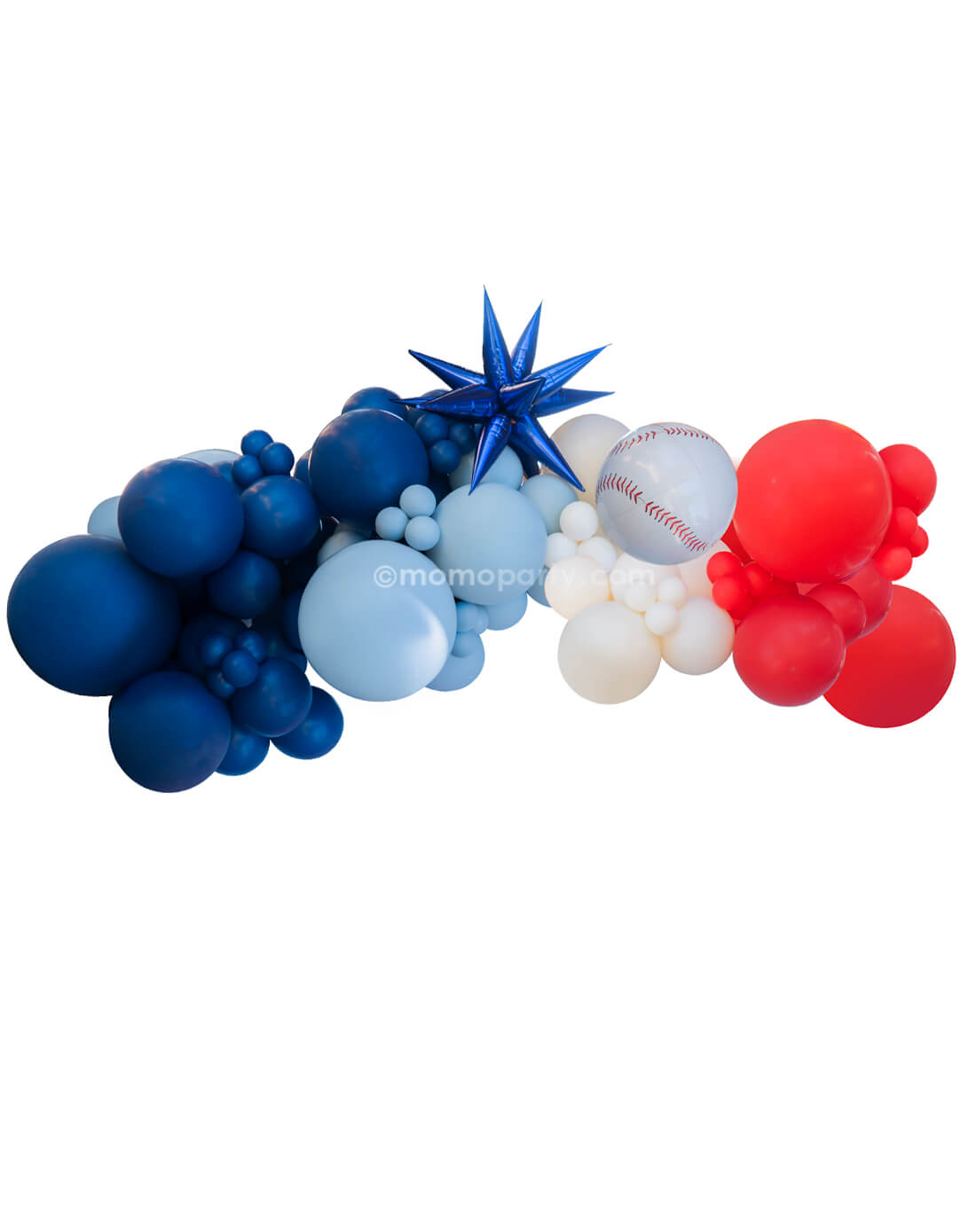 A festive baseball themed balloon arch by Momo Party with navy, blue, white, and red balloons in the size of 17", ,11" and 5", adorned with a navy starburst foil balloon and a baseball orbz shaped foil balloon on a white background.