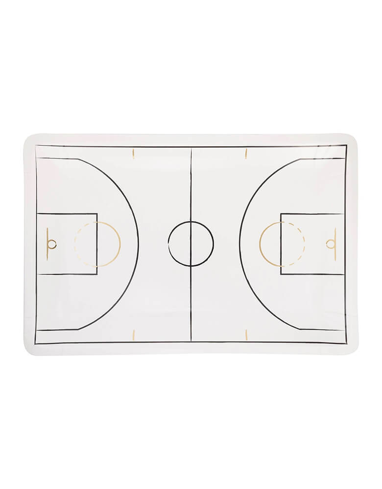 Momo Party's 11" x 7.25" Basketball Court Plates by My Mind's Eye. Comes with a set of 8 paper plates, these black and white plates with gold foil details are perfect for any basketball-themed party, these plates will definitely be a slam dunk. It's time to dish out some fun with this unique and playful plate design. Game on!
