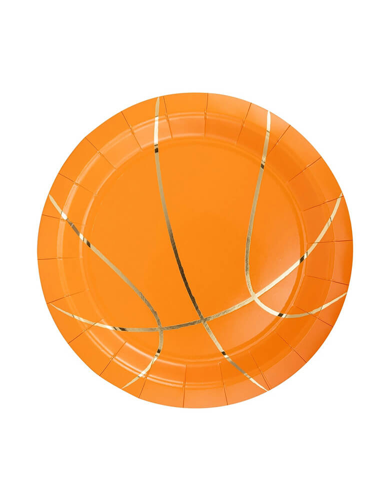 Momo Party's 9" Basketball Paper Plates by My Mind's Eye. Comes in a set of 8 paper plates with gold foil accent, perfect for game day parties or basketball-themed events, these 9" plates add a fun touch to your food display. Serve up your slam-dunk dips and snacks in style with these unique and playful plates.