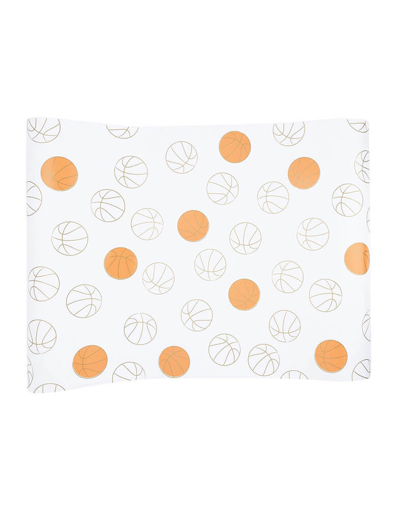 Momo Party's 16 inches x 10 f Basketball Table Runner by My Mind's Eye. With the classic white, orange and gold foil basket motif, this paper runner is a perfect addition to your kid's basketball themed birthday party or a NBA viewing party!