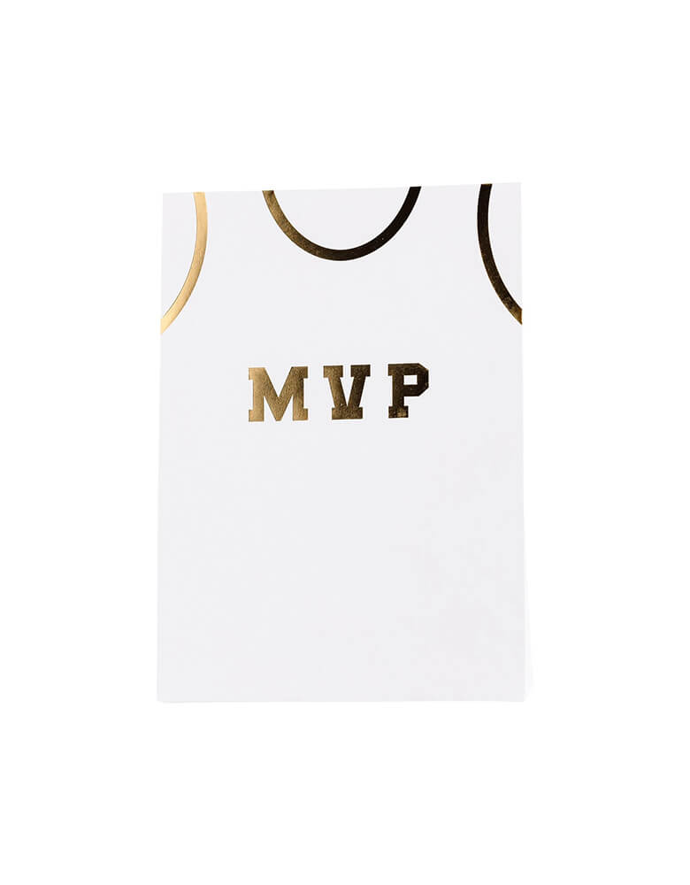 Momo Party's 5" x 8" x 2.5" Basketball Treat Bags by My Mind's Eye, set of 8 bags. These amazing treat bags are the perfect addition to any kids party. Featuring MVP on the jersey in gold foil, with gold number stickers, they're sure to score big with both kids and parents alike. Get your game on!