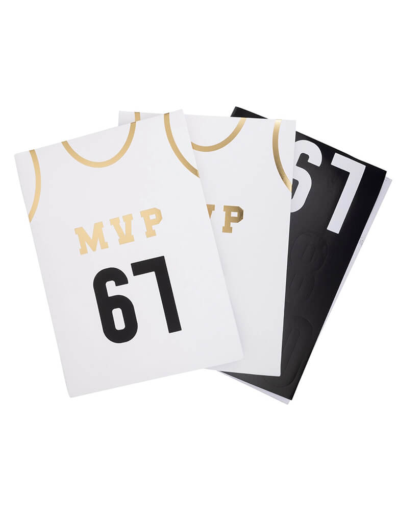 Momo Party's 5" x 8" x 2.5" Basketball Treat Bags by My Mind's Eye, set of 8 bags. These amazing treat bags are the perfect addition to any kids party. Featuring MVP on the jersey in gold foil, with gold number stickers, they're sure to score big with both kids and parents alike. Get your game on!