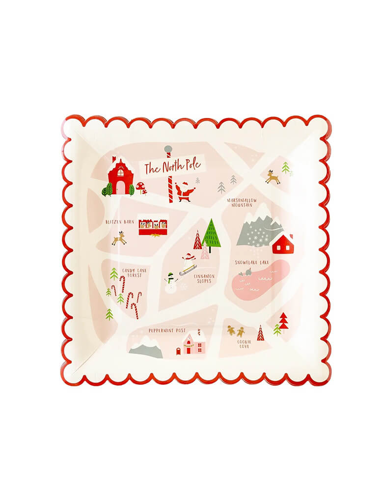 Momo Party's 9" x 9" Believe North Pole Map Paper Plates by My Mind's Eye.  Featuring a whimsical map of Santa's home town, these party plates will act as your guest's guide to all of the festive fun at your holiday party. These scalloped edge plates are also the perfect way to spread Christmas cheer to the entire neighborhood when you use them to deliver a plateful of Santa's snacks to your neighbors.
