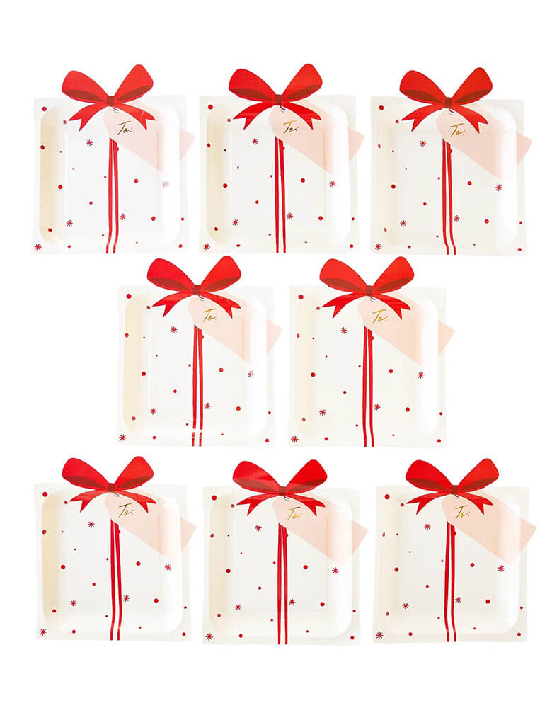  Momo Party's 9" x 10.5" Santa present shaped paper plate with a bow by My Mind's Eye. Comes in a set of 8 paper plates, these plates are shaped in a merry Christmas present, these party plates add a whimsical touch to your table this Christmas season!