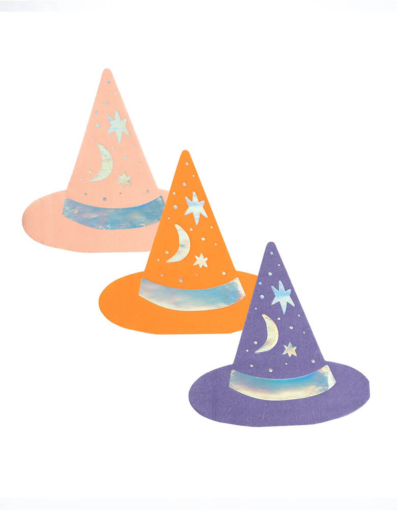 Momo Party's 5.5" Bewitching Hat Shaped Napkins by Gatherings. Featuring intricately designed witch hats, these napkins will charm your guests and elevate your Halloween celebrations. Get ready to brew up some fun and create a bewitching atmosphere with these napkins.