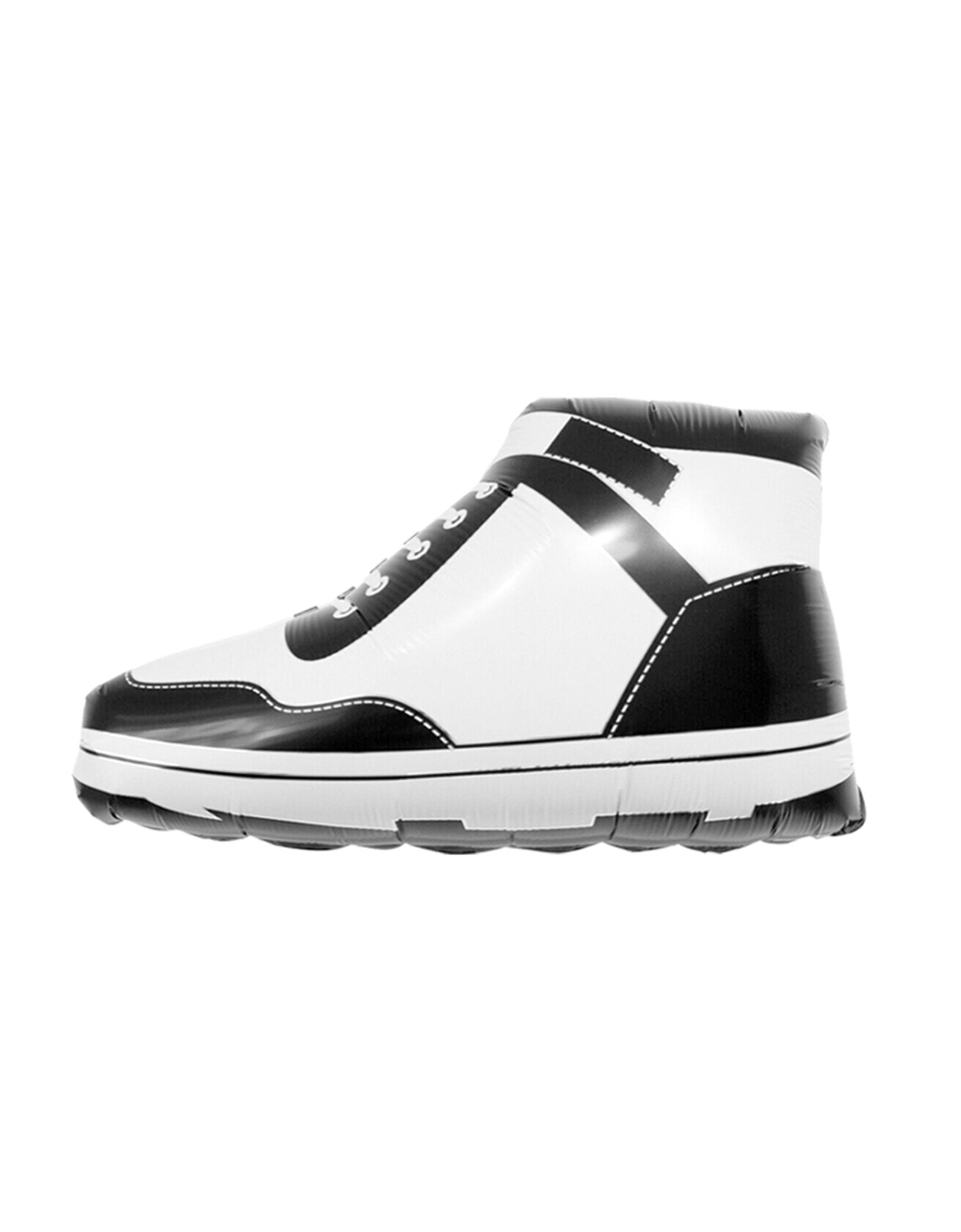 Momo Party's 24" Basketball Black and White Sneaker Shaped Foil Balloon. Perfect for sports-themed parties or room decor, this cool balloon combines the iconic look of a basketball sneaker with a sleek black and white design. It adds a fun, sporty vibe to any event or space, making your celebration jump higher and your decorations stand out. Score big with this playful and stylish balloon!