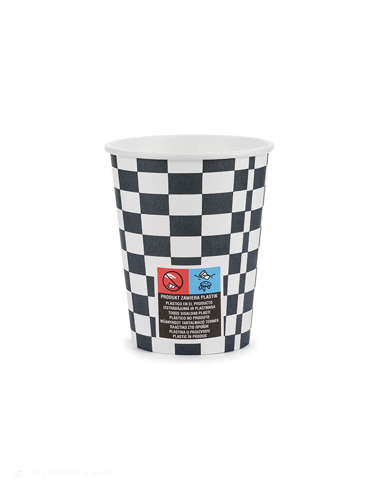 The back of Momo Party's 7.4oz black and white checkered flag party cups by Party Deco. With SUPD labelling on the cups. Comes in a set of 6 paper cups. Perfect for a boy's birthday, these trendy cups feature a classic checkered pattern and are great for mixing and matching. They're perfect for a race car or Hot Wheel themed party too. Vroom vroom!