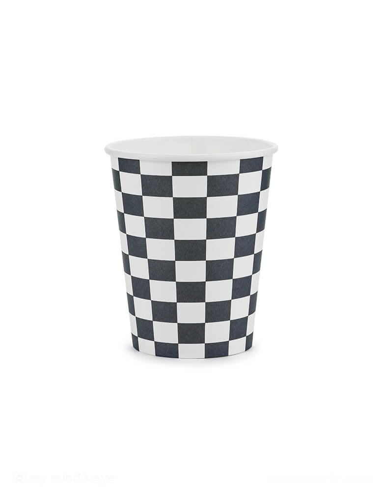 Momo Party's 7.4oz black and white checkered flag party cups by Party Deco. Comes in a set of 6 paper cups. Perfect for a boy's birthday, these trendy cups feature a classic checkered pattern and are great for mixing and matching. They're perfect for a race car or Hot Wheel themed party too. Vroom vroom!