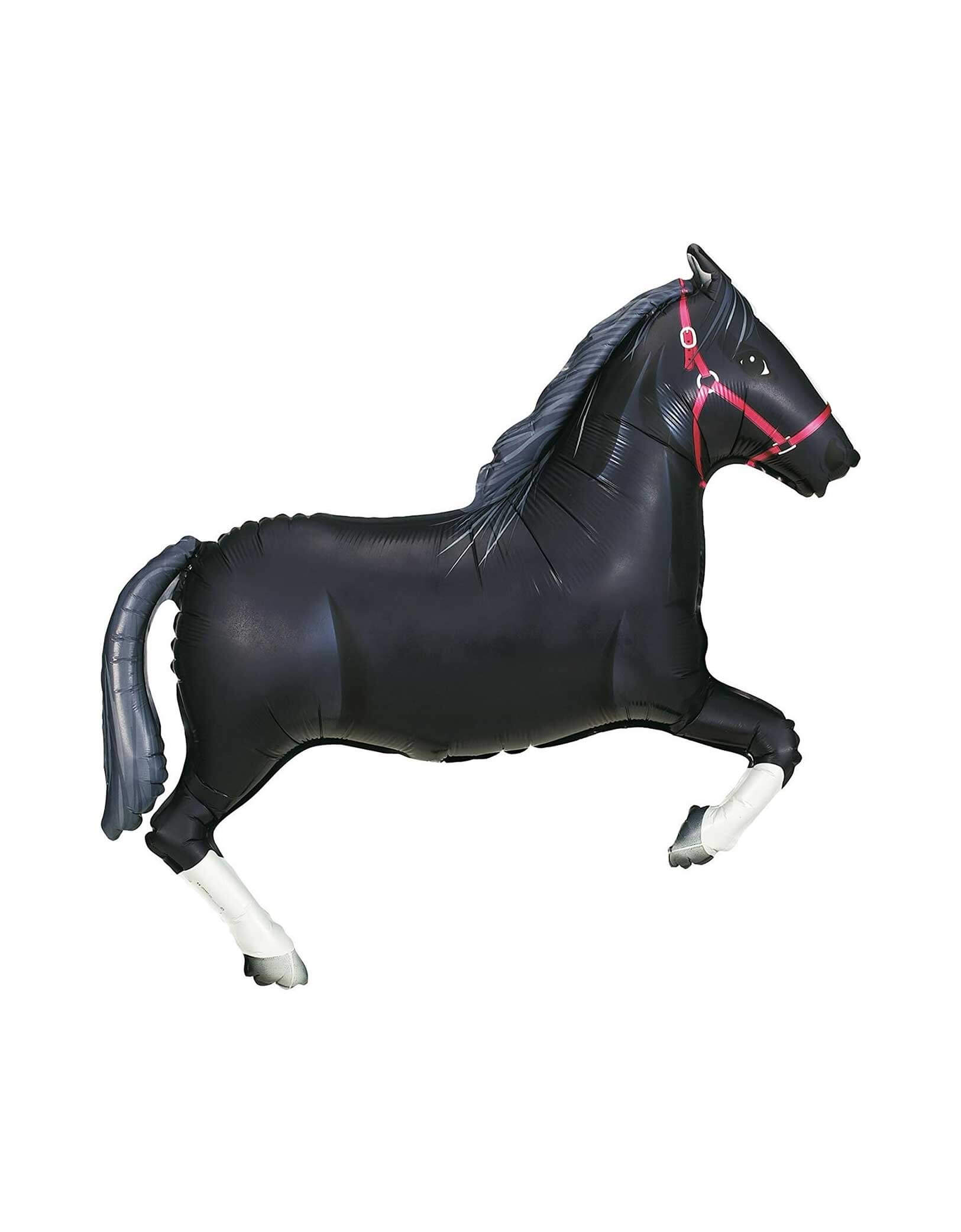 Momo Party's 37" Black Horse Shaped Foil Balloon by Betallic Balloons. Get ready for some playful galloping fun with this black horse-shaped foil balloon! It's the perfect addition to any horse-themed birthday party, Derby soirée, or any festive occasion. Bring some joy to your celebration with this adorable balloon. It even comes with a self-sealing valve so the air stays in after you inflate it.
