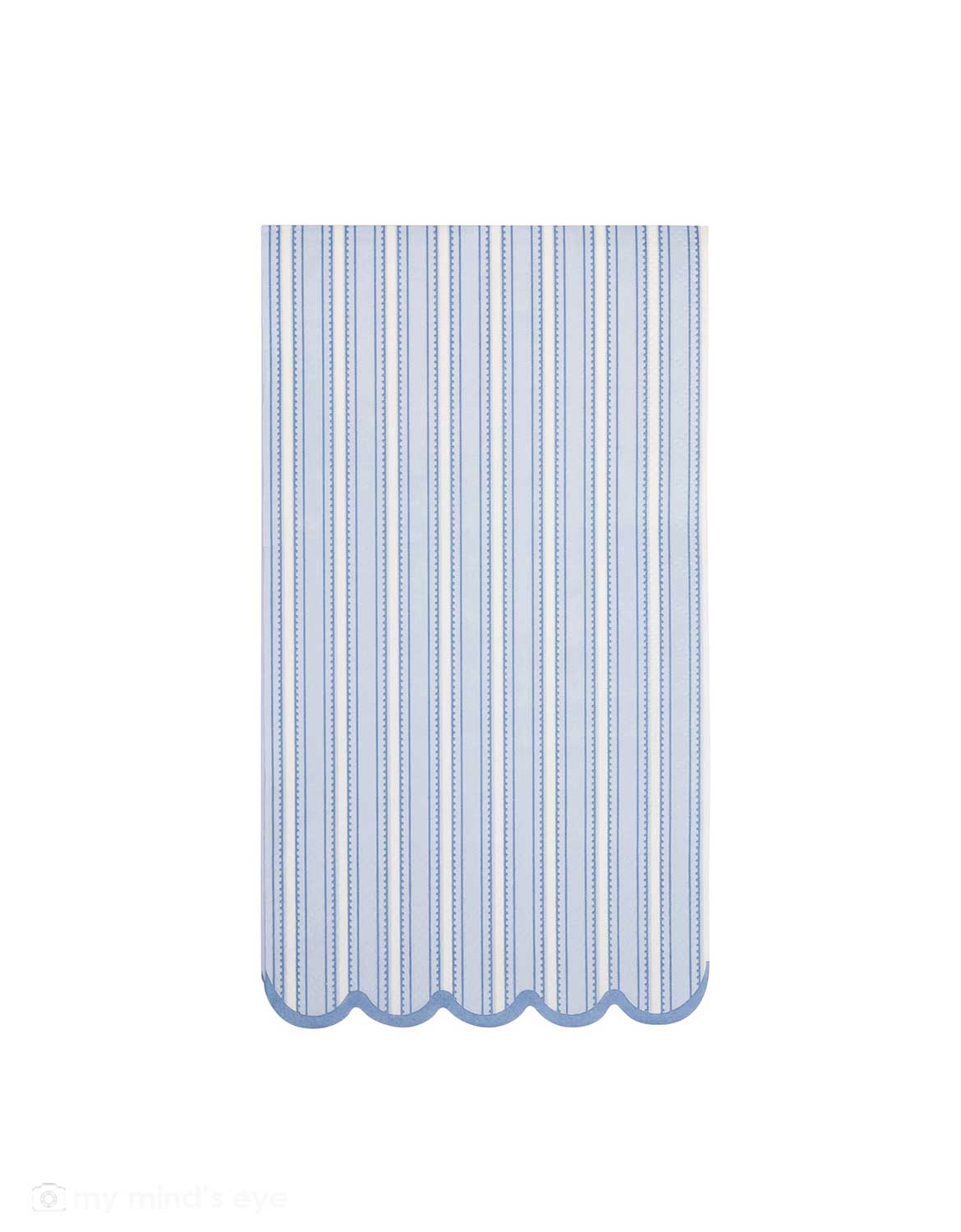 Momo Party's 4.25" x 7.75" Bluehill Striped Dinner Napkin with blue scallop edge by My Mind's Eye on a white background.
