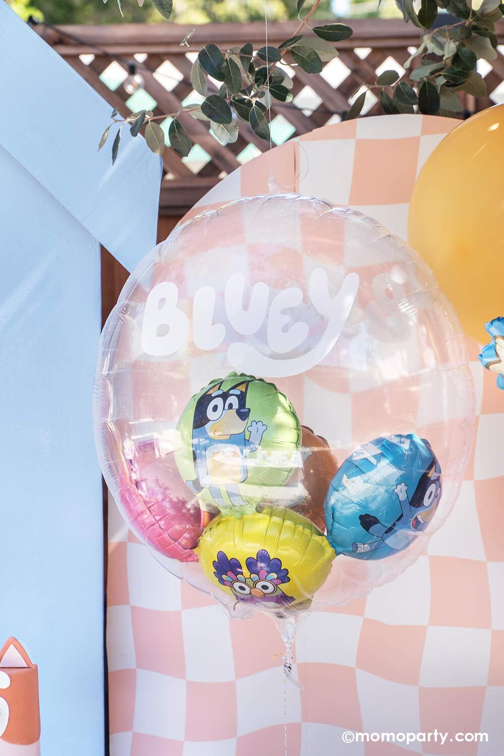 Momo Party's 20" transparent Bluey insiders balloon with Bluey character foil balloons in different colors inside against a  wavy peach checkered party backdrop board with Bluey themed balloon garland in pastel peach, pink and blue adorned with daisy balloons. This adorable balloon with Bluey's logo on it is perfect for your Bluey-loving child's birthday celebration.