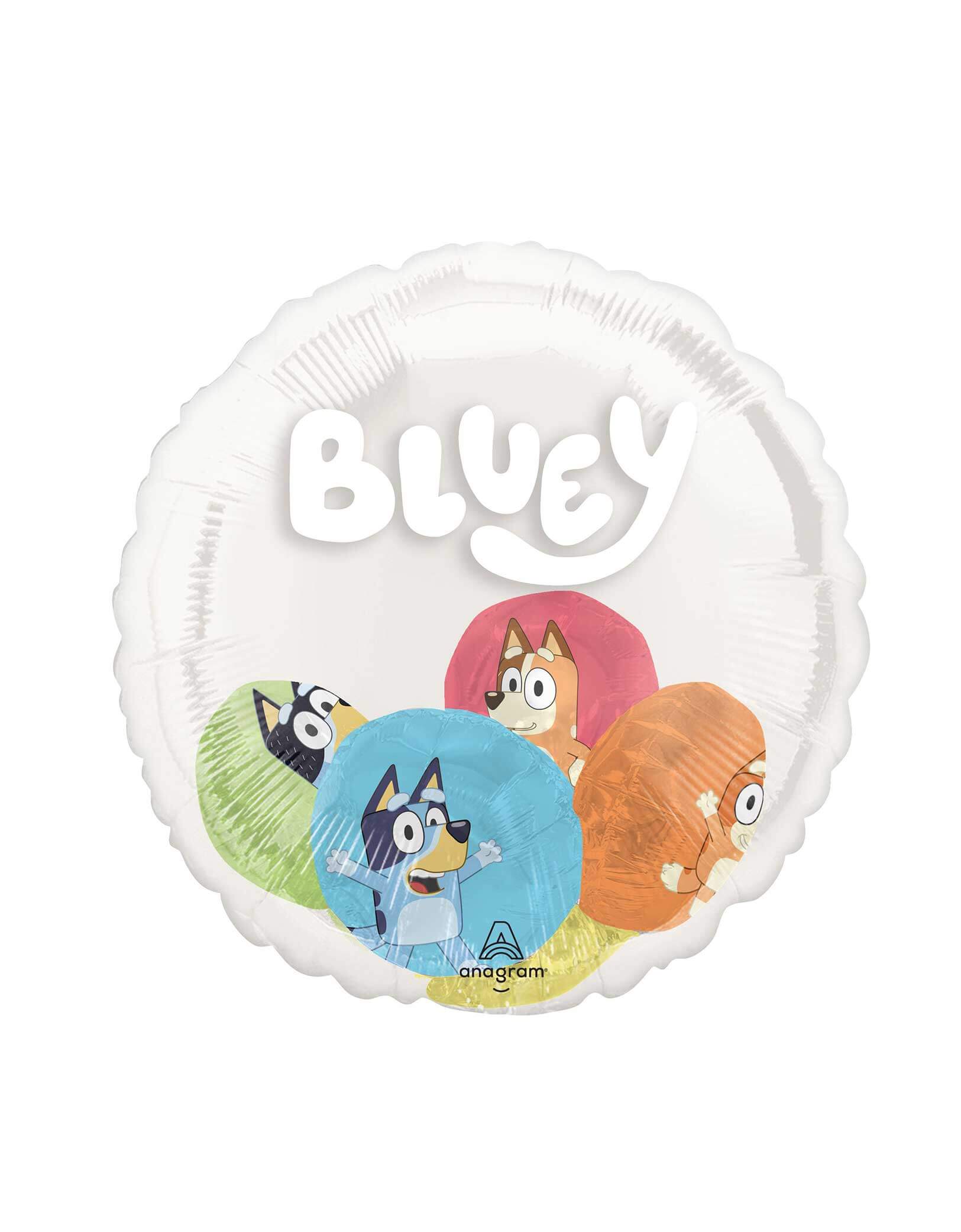 Momo Party's 20" Bluey Insider Balloon by Anagram Balloons on a white background. This balloon will fill your celebration with playful charm and joy! At 20 inches, it features Bluey and her family in colorful bubbles that kids will instantly love. A perfect addition to any Bluey-themed birthday or playdate party. Sold individually. Please note that balloons purchased online are not inflated.