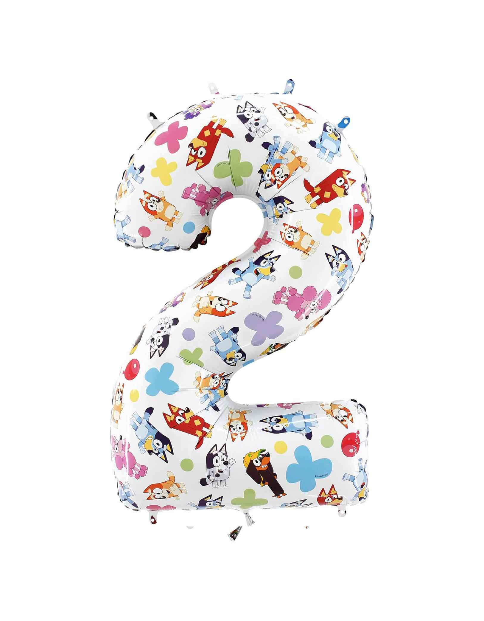 Momo Party's 26" Bluey Large Number Foil Mylar Balloon Number 2 featuring Bluey, Bingo and other cartoon characters in colorful pattern. This balloon adds a playful touch to any kid’s birthday party. Its large size makes it a standout decoration, perfect for capturing joyful memories and brightening up the celebration space. Easy to inflate and reusable, it’s a delightful way to make your child's special day even more memorable.