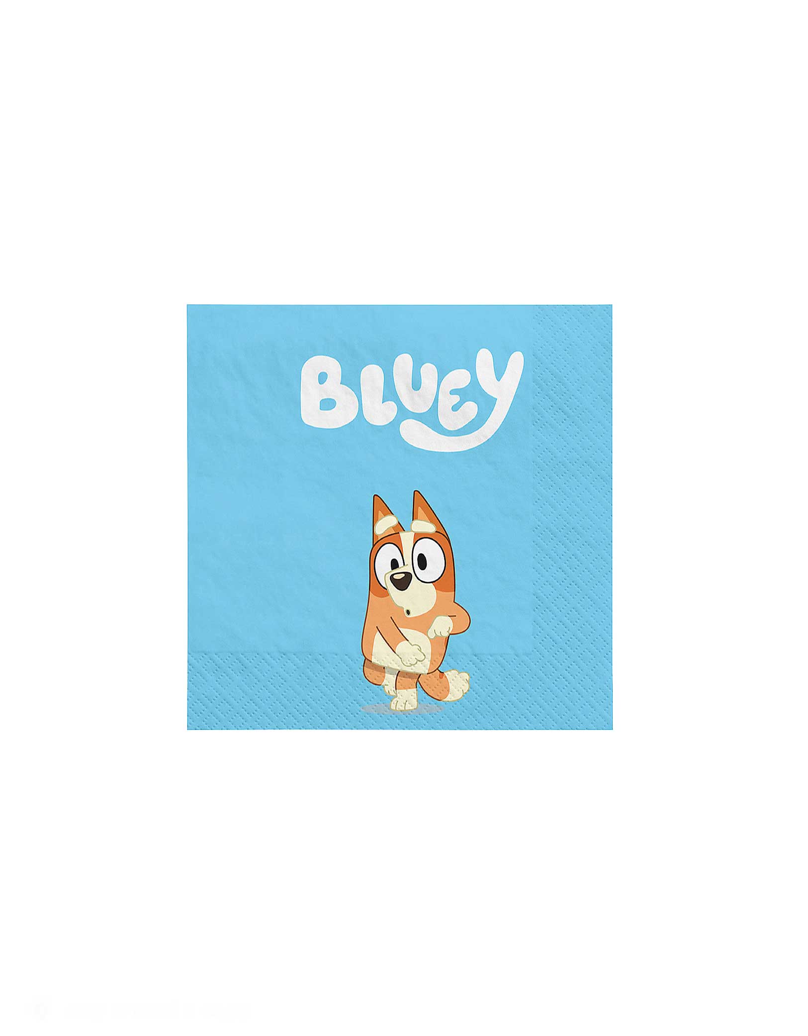Momo Party's 5" Bluey small napkin featuring the cartoon character Bingo from TV show Bluey on a blue background with 'Bluey' text on it against a white background.