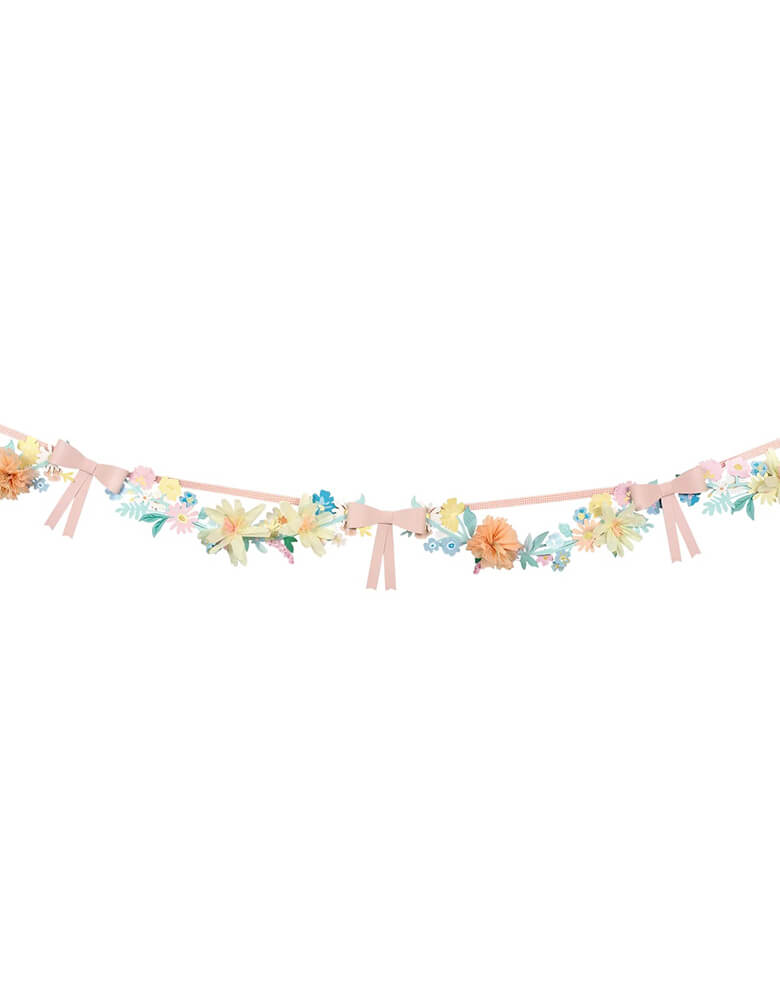 Momo Party's 9 ft bows and flowers party garland. Featuring 4 paper flower swags, 3 heavy weight pink paper bows and pink and white gingham ribbon, this gorgeous garland is perfect for tablescaping, porchscaping, or hang it wherever you want a touch of springtime beauty. It will look beautiful at a birthday party, engagement, wedding, bridal shower, baby shower or anniversary. Re-use it year after year as a statement piece.