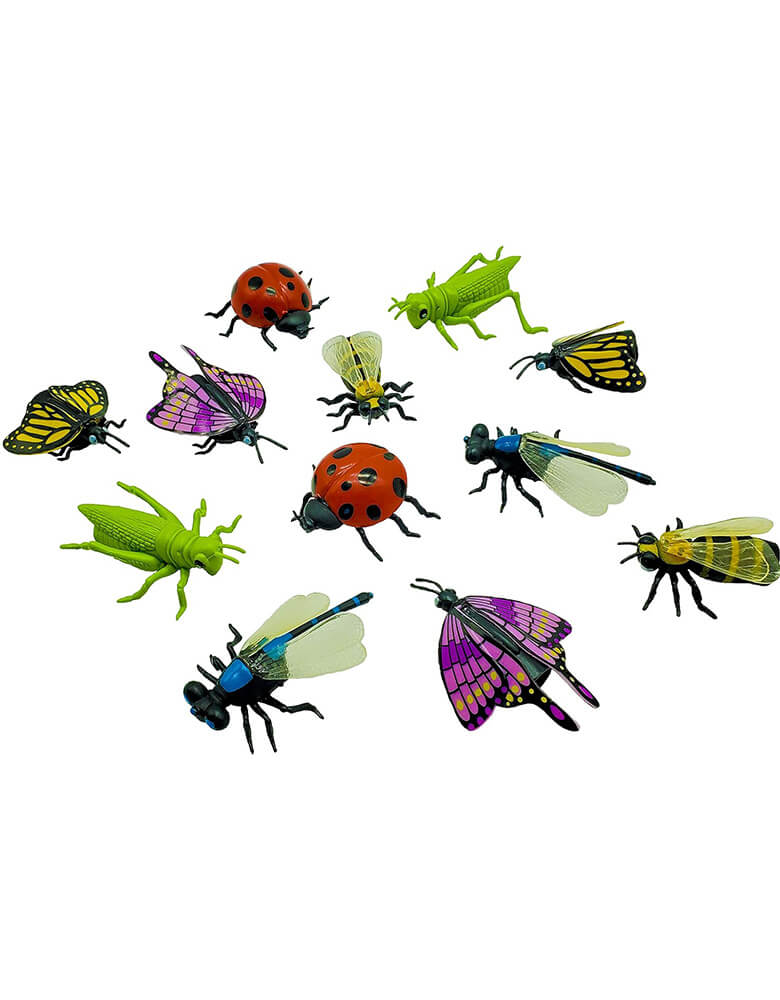 Momo Party's Insect Finger Puppets by Fun Express. Comes in a set of 12 assorted insects including  bees, ladybugs, grasshoppers, butterflies and dragonflies. These realistic looking vinyl toys make great learning aids for classrooms, after school groups, science camp and more. Perfect as party favors for a bug themed bash. We also love the idea of using them to decorate the party table or party favor bags!